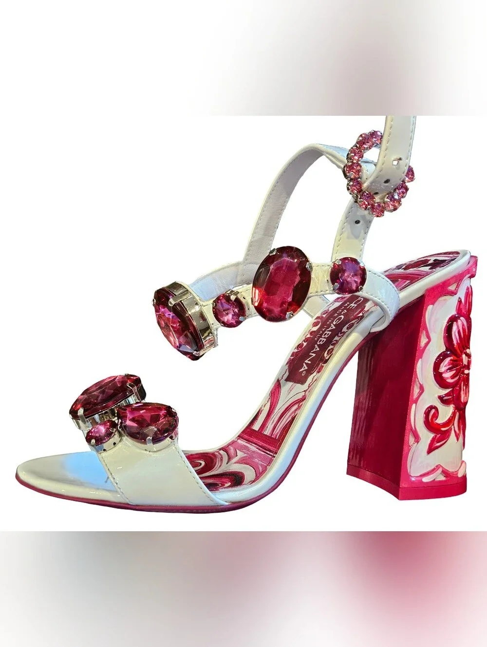 Dolce & Gabbana Size 38.5 (Size 8) White Sandals with Fuchsia Gem Accents